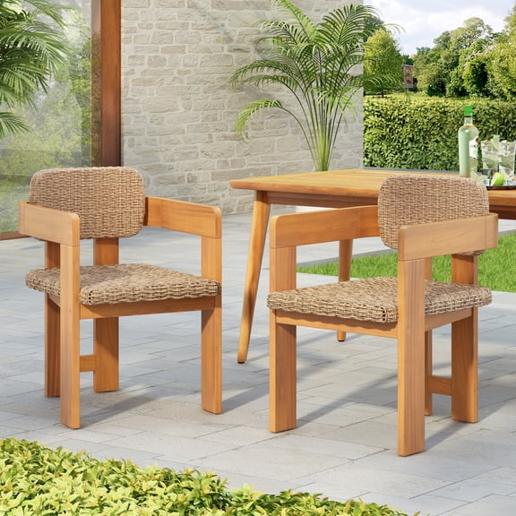 Christopher Knight Home Wooden Dining Chairs with Handwoven Rattan Seat and Back, Light Brown Teak, Set of 2