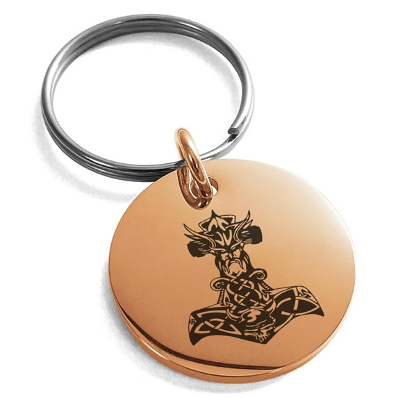 Stainless Steel Asgard Mjolnir Thor's Hammer Viking Norse Engraved Small Medallion Circle Charm Keychain Keyring