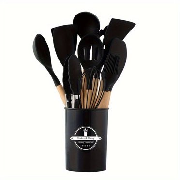 12 Piece Kitchen Utensil Set, with Wooden Handles, Includes Spatula, Whisk, Slotted Spoon - 446°F Heat Resistant ,Black