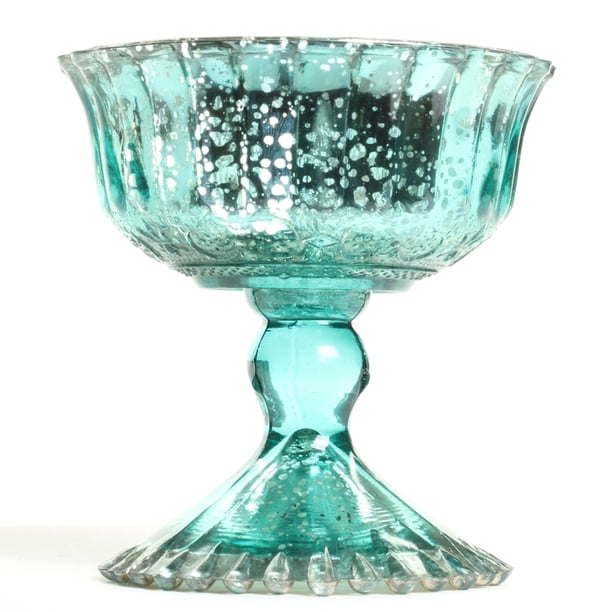 Koyal Wholesale 4.5Inch Aqua Blue Glass Compote Bowl Pedestal Flower