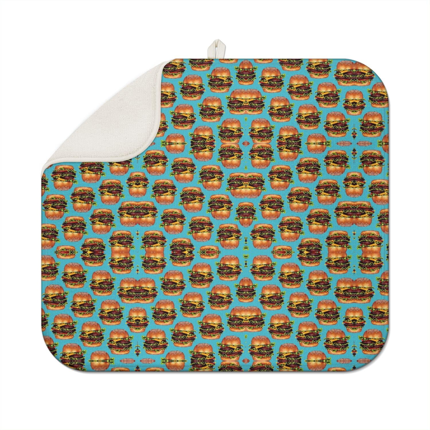 Fast Food Coffee Mat &ndash; Absorbent Microfiber Spill Mat Featuring Junk Food and American Food Designs Foldable Dish Drying Pad for Coffee Bars and Kitchens