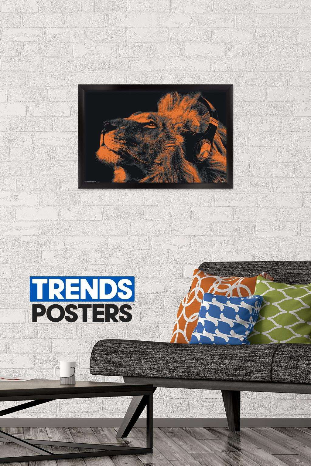 Lion With Headphones Wall Poster, 14.725" x 22.375", Framed