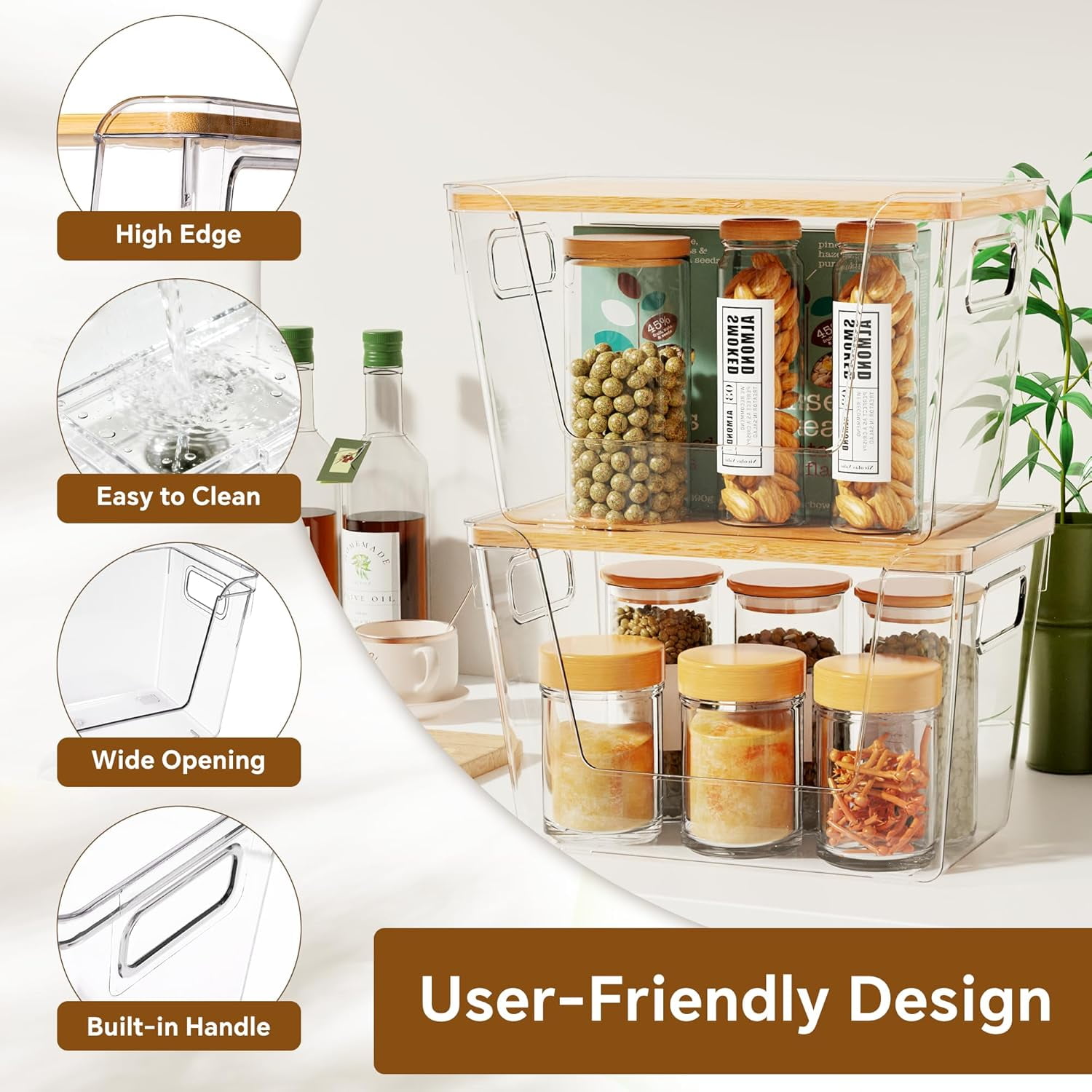 Pantry Organizers and Storage with Bamboo Lids, Stackable Clear Bins for Onion, Potato, Fruit, Vegetables, Trash Bag Dispenser, Kitchen and Under Sink Organizer