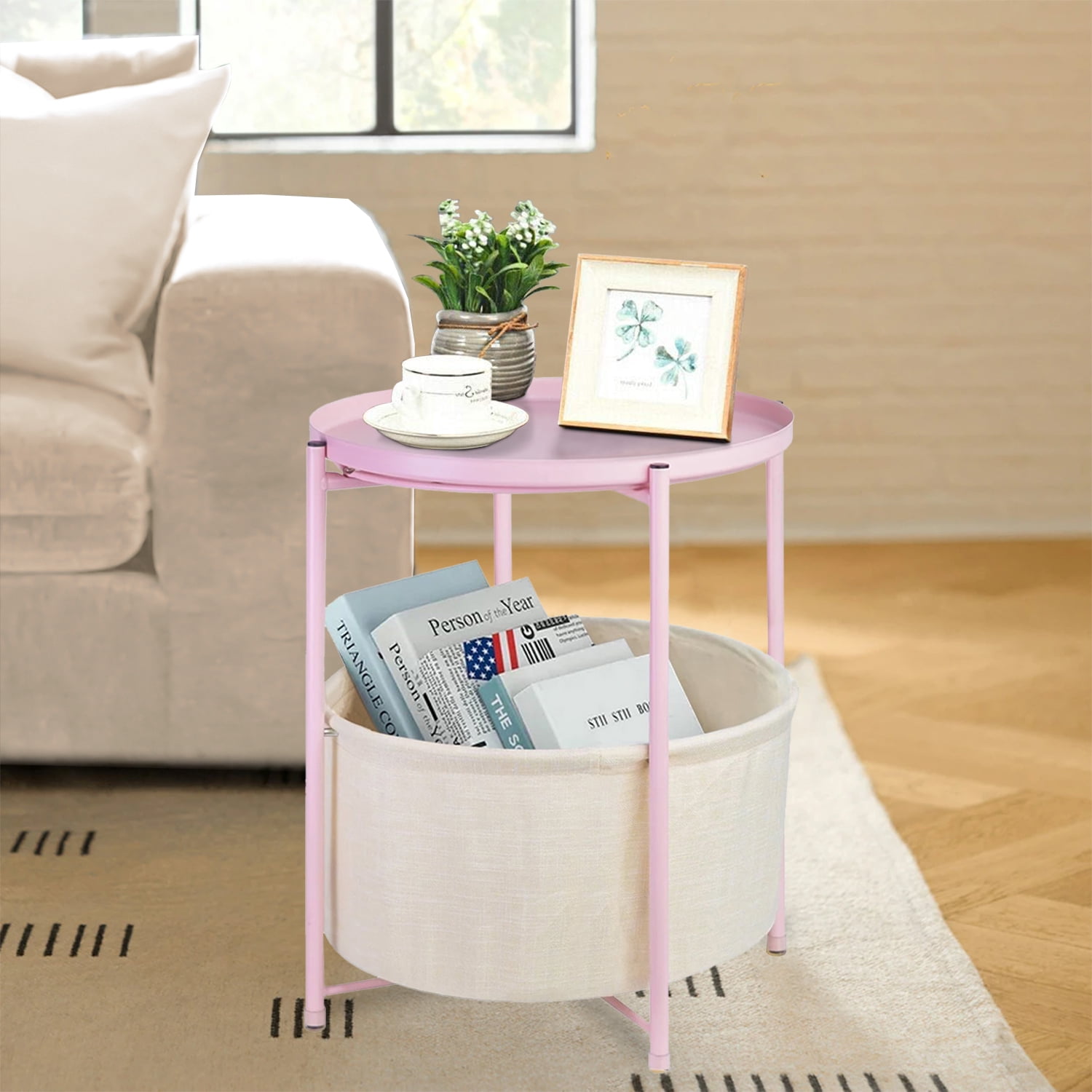 CERBIOR Round Side End Table, Modern Nightstand with Fabric Basket,Pink