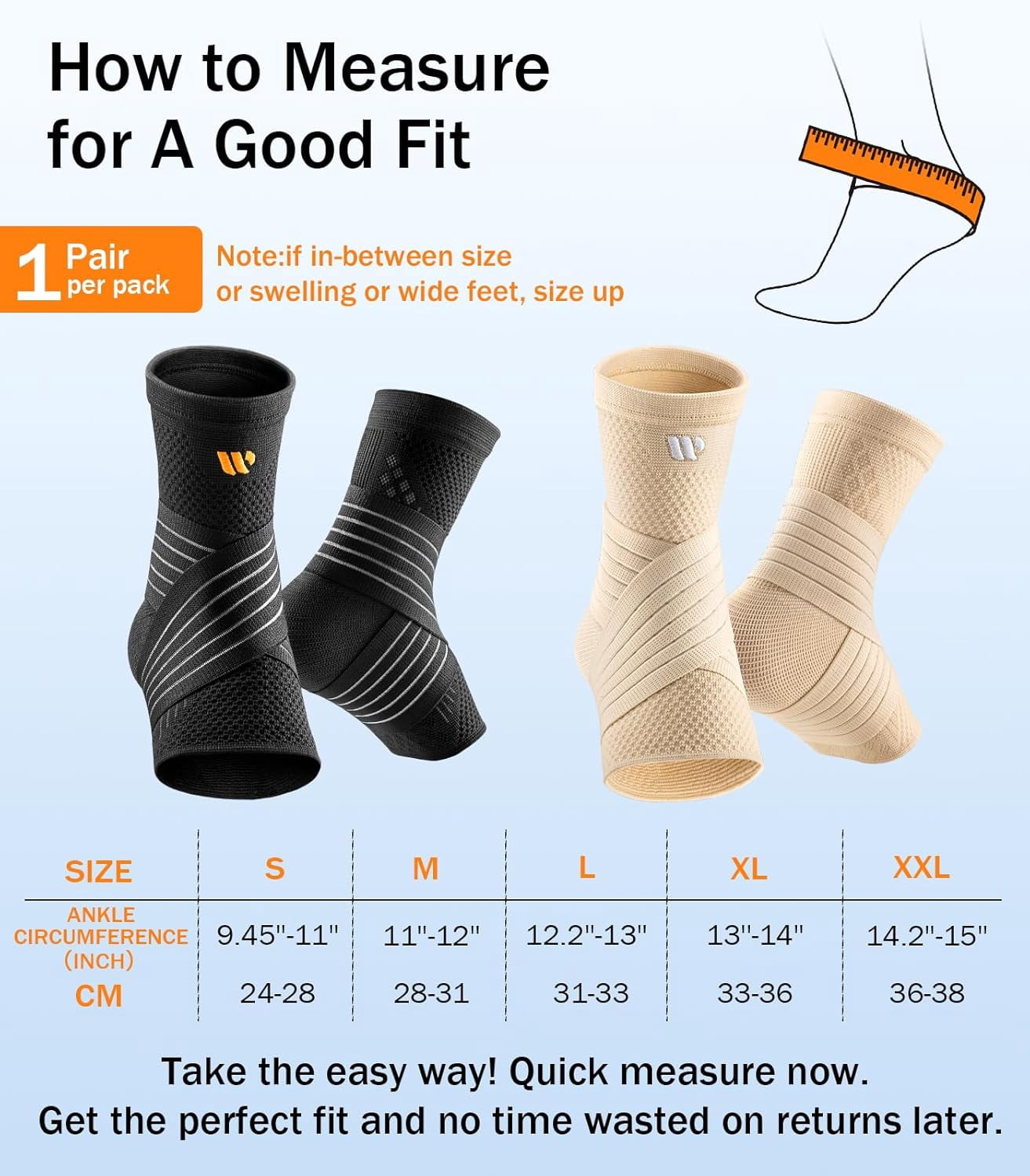 WHCOOL Ankle Brace Compression Sleeve for Men & Women,Adjustable Support with Figure-8 Stability Straps,Pair,L,Black