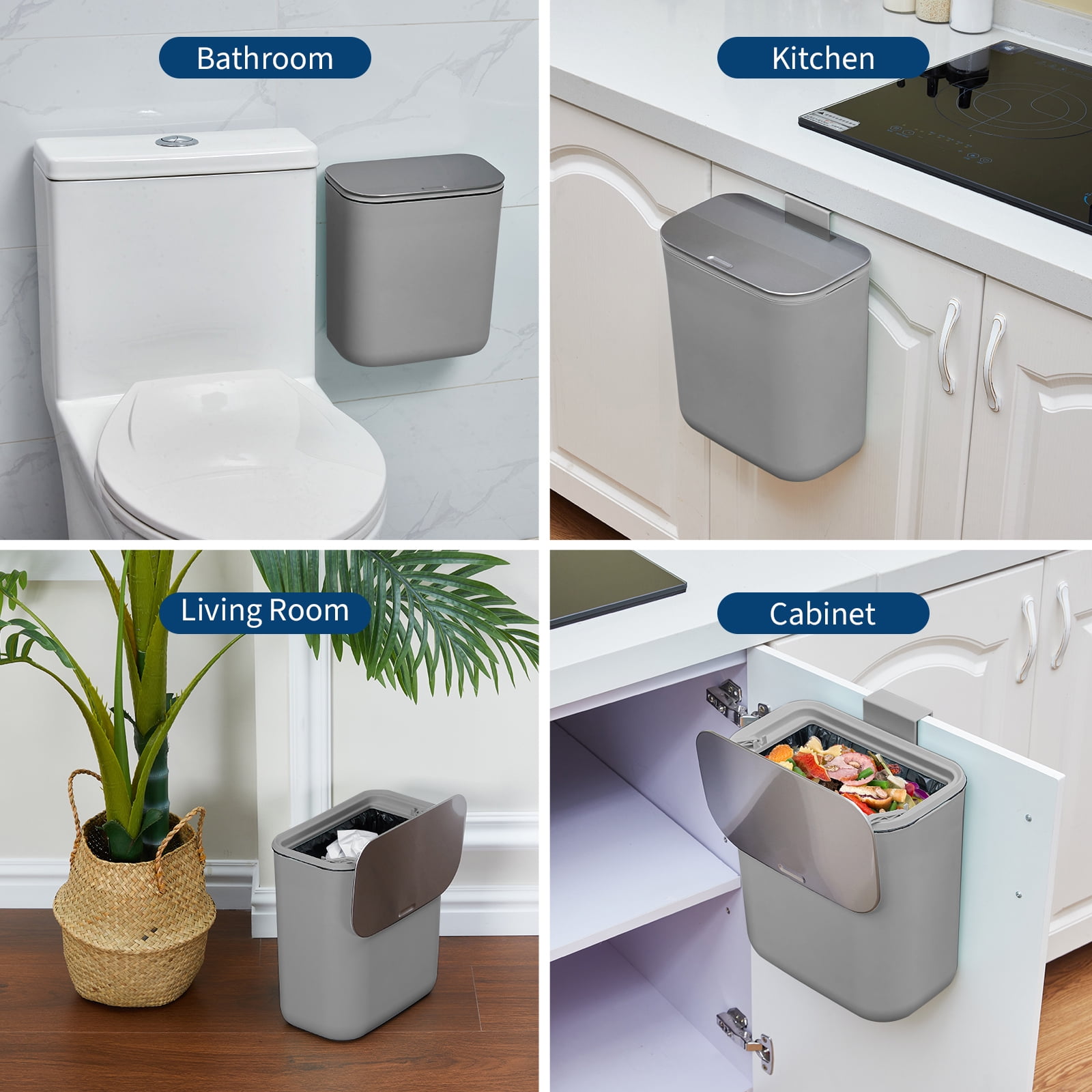 2.4 Gallon Kitchen Hanging Small Trash Can with Stainless Steel Lid, Odor-Free Compost Bin, Space-Saving Garbage Can for Cabinet, Under Sink, RV, Bathroom, Grey