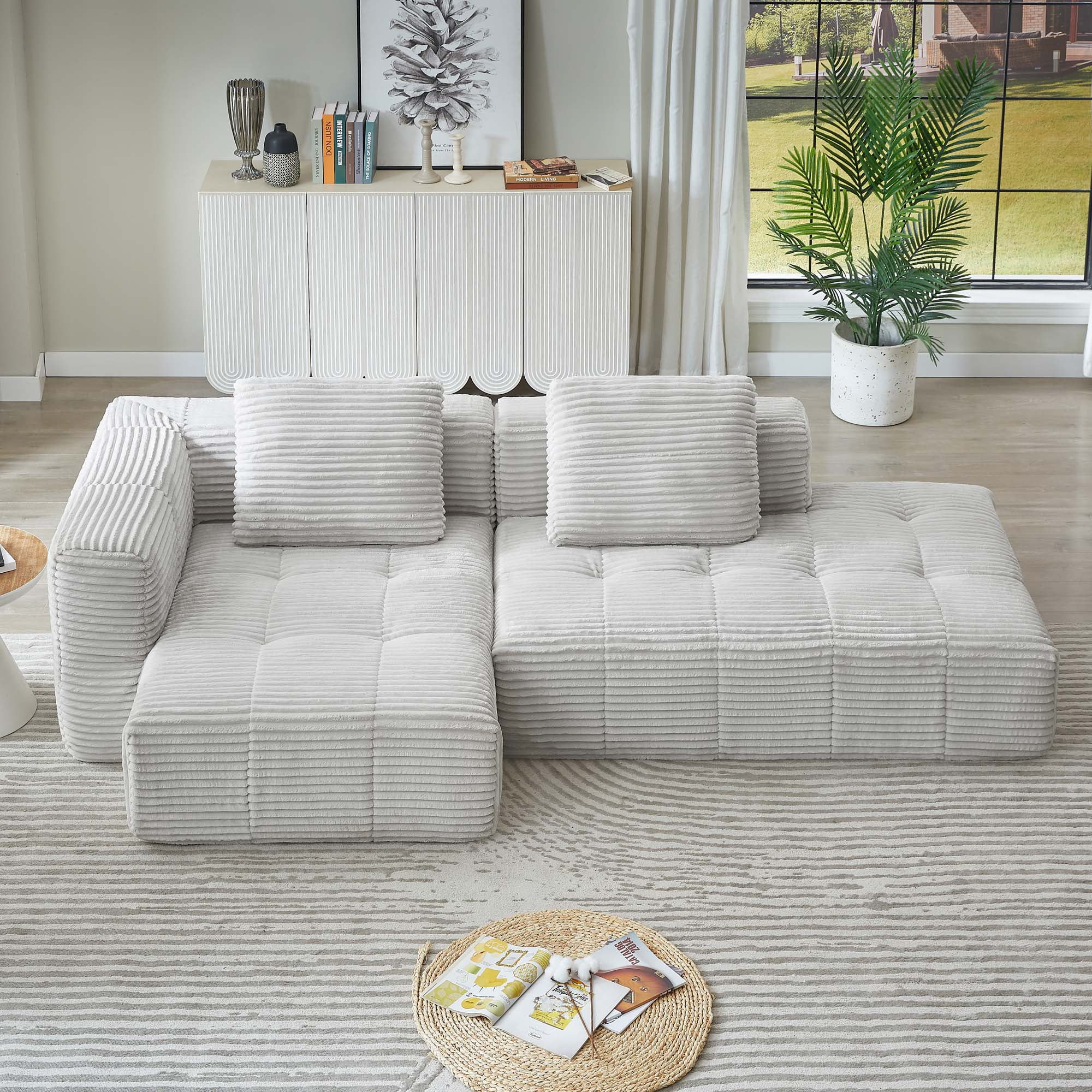 Miniyam 108 in 3 Seats L-Shape Modular Compressed Couch, Sectional Sofa with Chaise Lounge, Upholstered Oversized Tufted Couches for Living Room, Light Grey