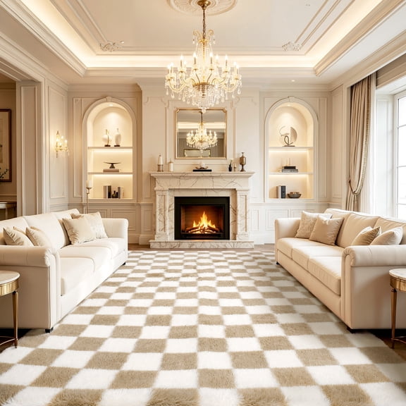 UNTIMATY 8'x10' Area Rugs for Living Room, Large Shag Fluffy Rug Checkered Carpet, Beige & White