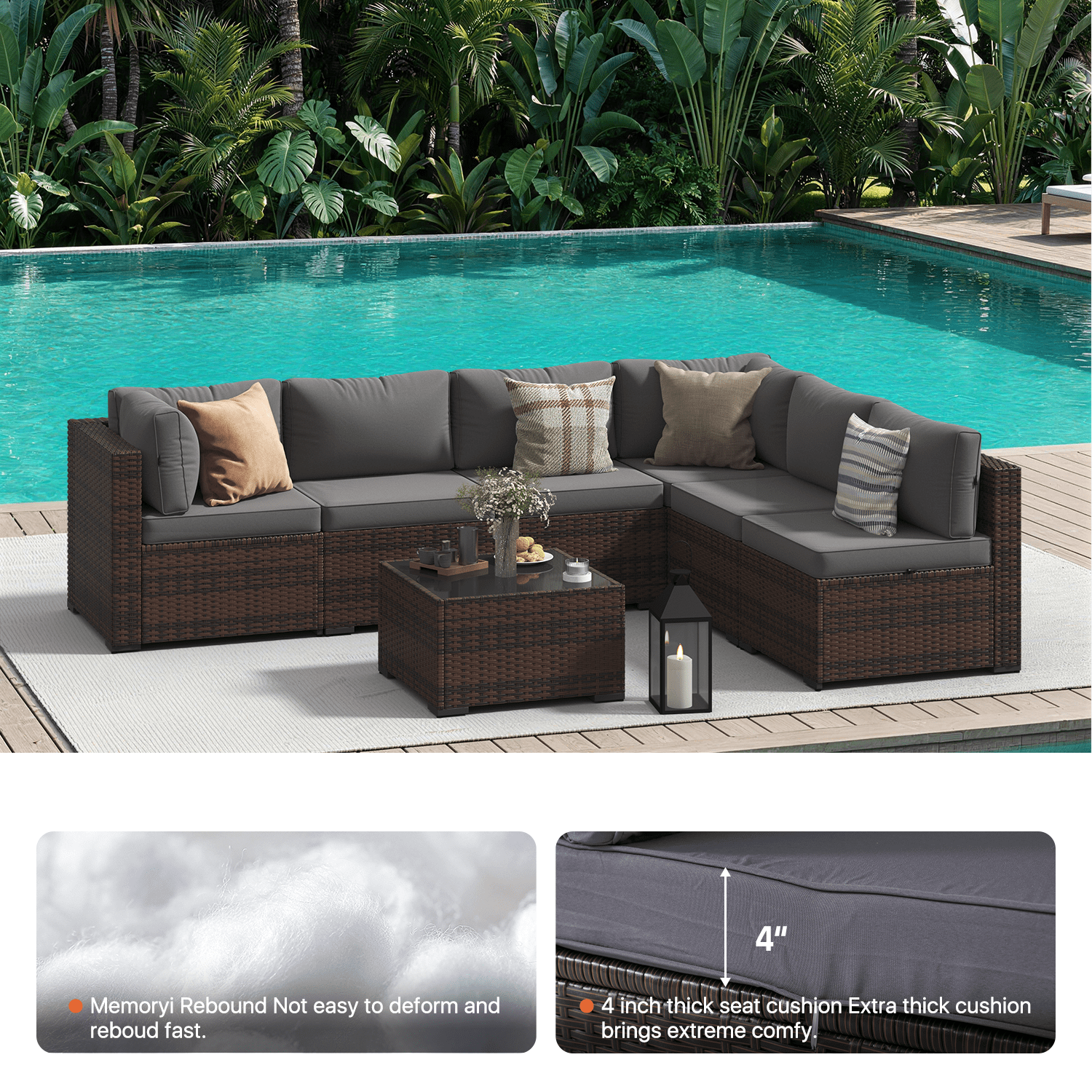 Dateyes 7-Piece Outdoor Patio Sectional Sofa Set, All-Weather Wicker Rattan Furniture with Coffee Table & Waterproof Cover (Grey)