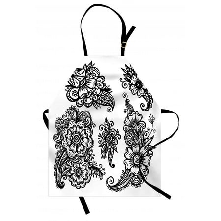 Henna Apron Hand Drawn Style Vintage Mehndi Compositions Blossoming Flowers Retro Fun Design, Unisex Kitchen Bib Apron with Adjustable Neck for Cooking Baking Gardening, Black White, by