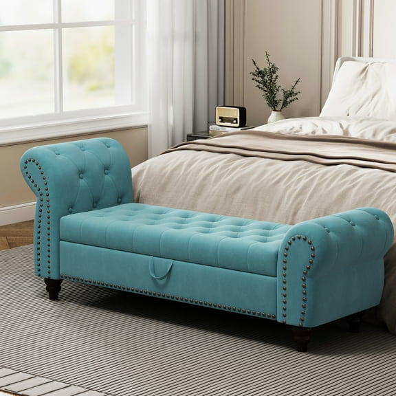 Stylish Bedroom Bench With Practical Storage - Lake Blue Velvet 64.5 Versatile Bed Upholstery