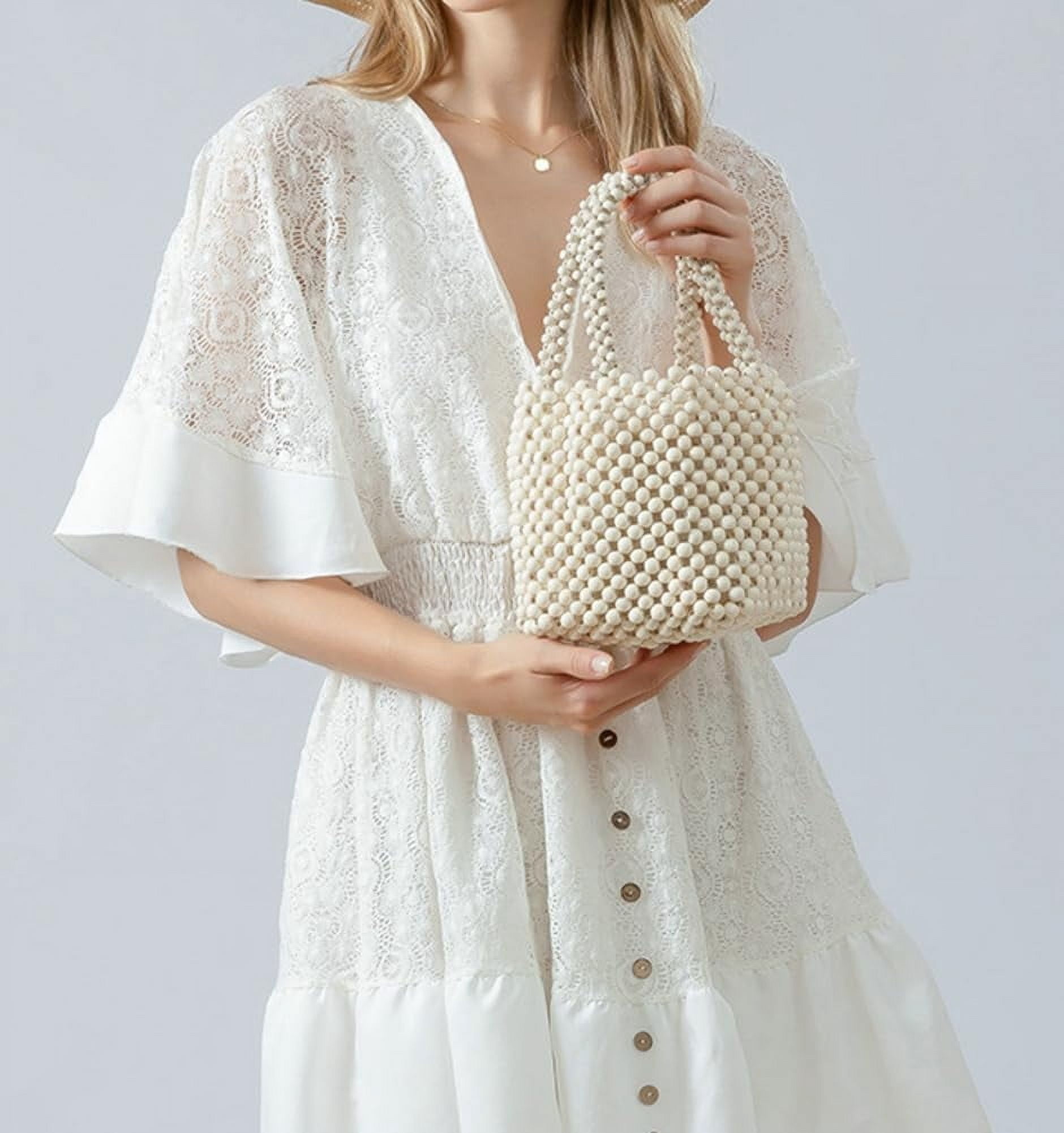 Handwoven Handbags for Women Wood Beads Hollow Mini Hobo Purses Summer Beach Totes Evening Bucket Bags for Party
