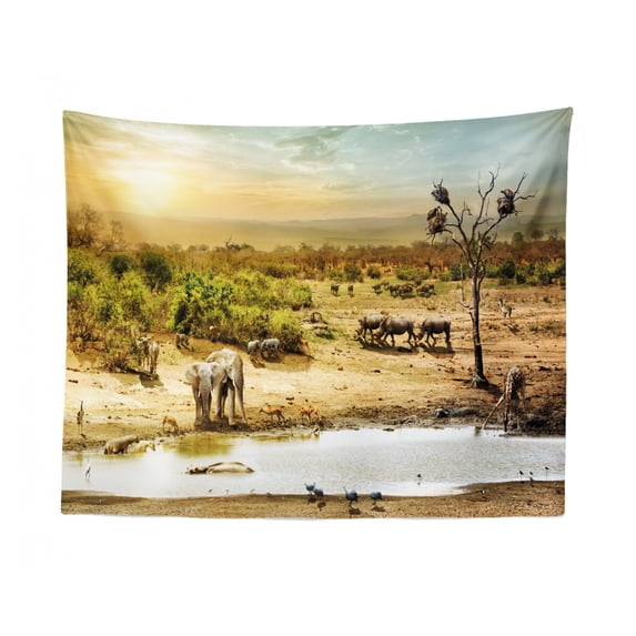 Giraffe Tapestry, Grasslands of Kenya African Safari Elephant Lion Safari Zebra Tiger Photo Print, Fabric Wall Hanging Decor for Bedroom Living Room Dorm, 2 Sizes, Multicolor, by Ambesonne