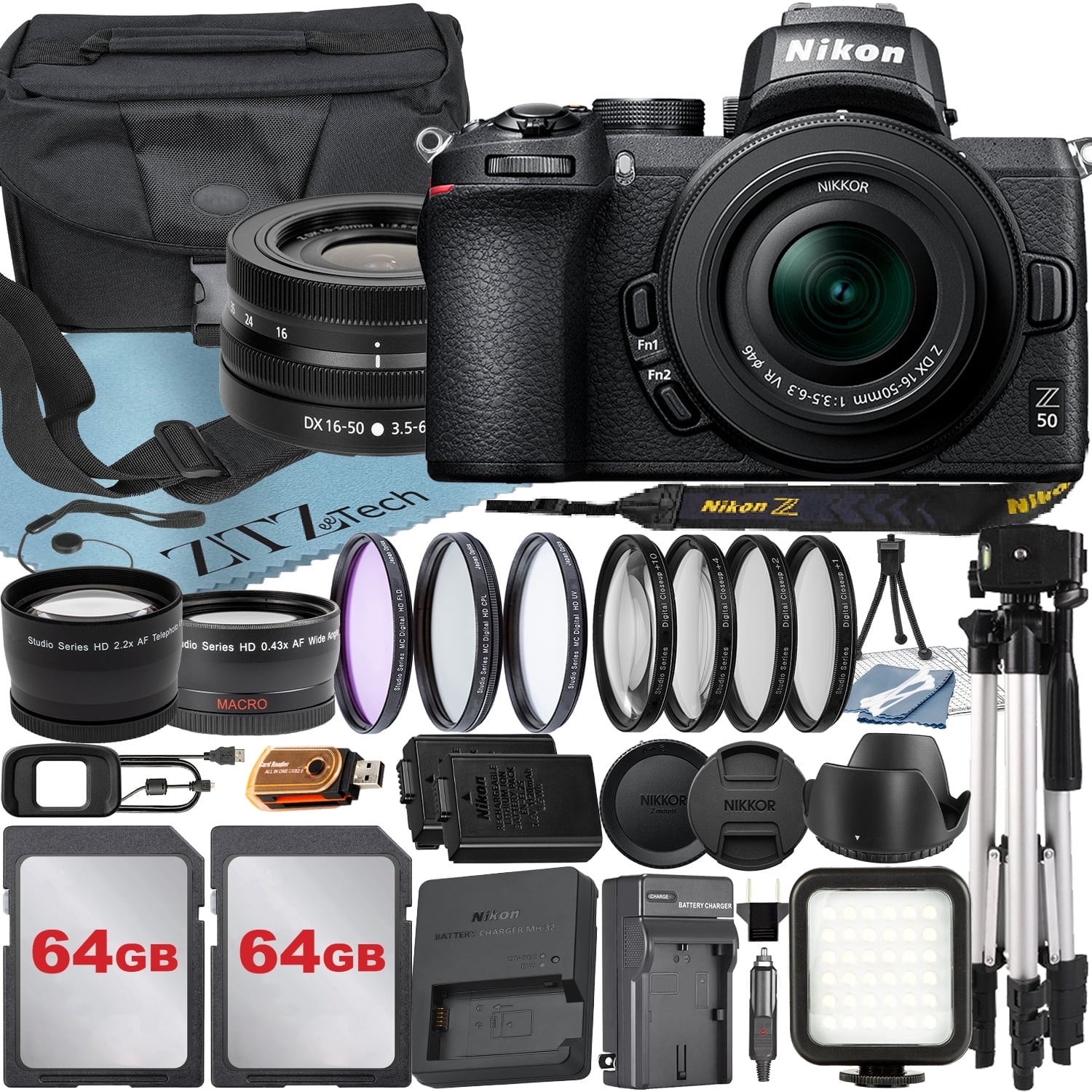 Nikon Z50 Camera Kit with 16-50mm Lens, 2x32GB Cards, Case, Tripod