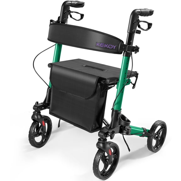 Kekoy Foldable Mobility Rollator Walkers for Seniors with Seat 350 lb, Adjustable Handles and Backrest Height, FSA eligible Adult Aluminum Rolling Mobility Walker, 8" Big Wheels, Green