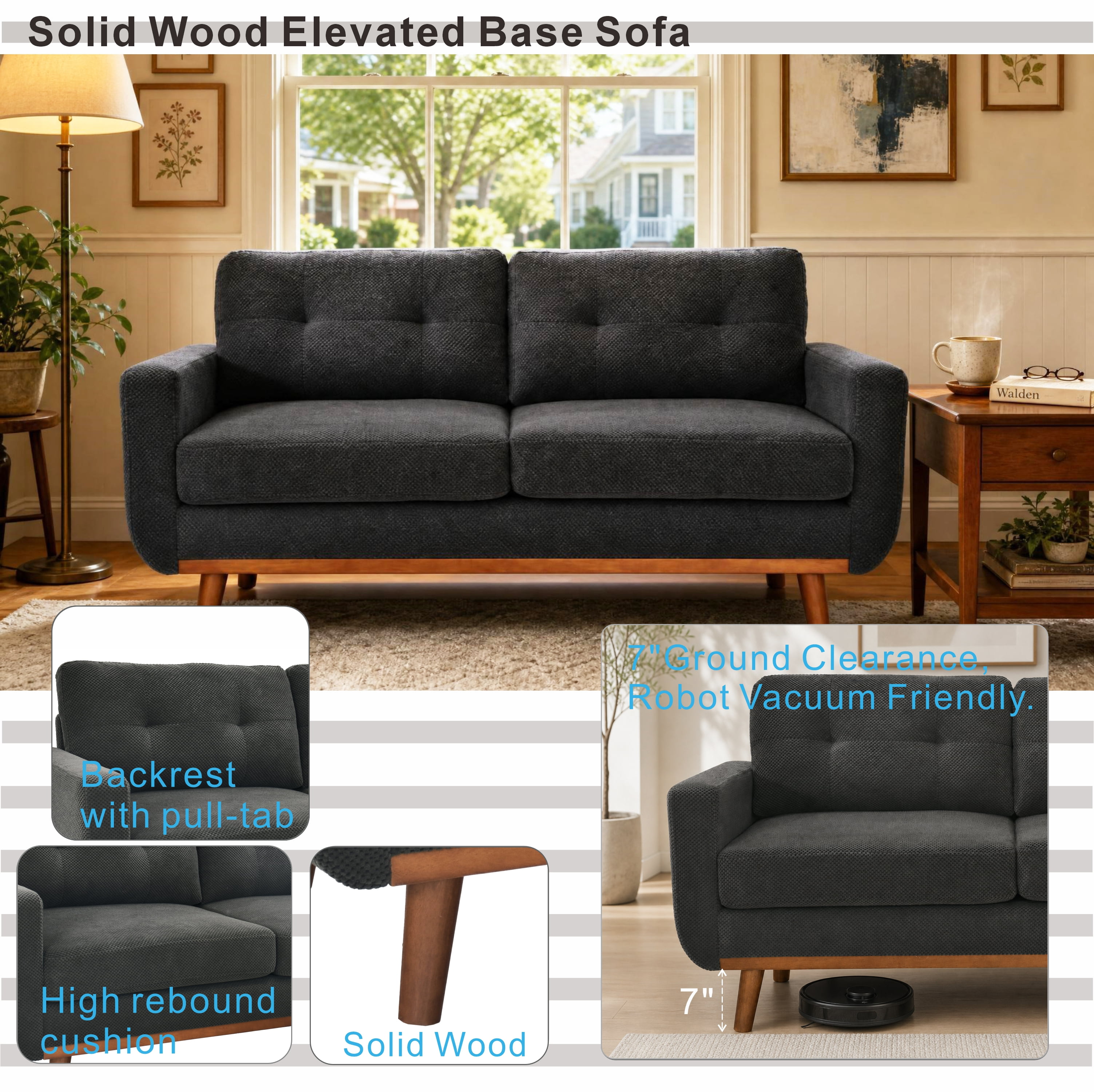 Leumius 65" Modern 2-Seater Sofa Upholstered Loveseat Sofa Couch with olid Wood Legs for Living Room,Apartment,Bedroom,DARK GREY