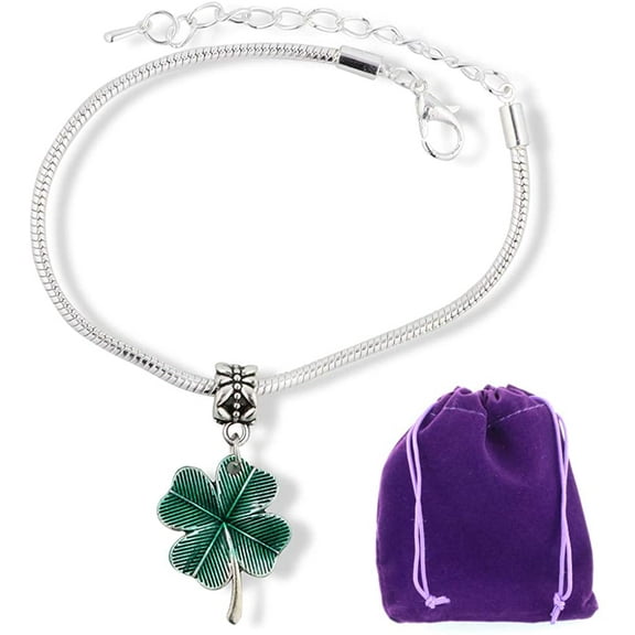 Clover Bracelet | Four Leaf Clover with green Tint Stainless Steel Snake Chain Charm Bracelet