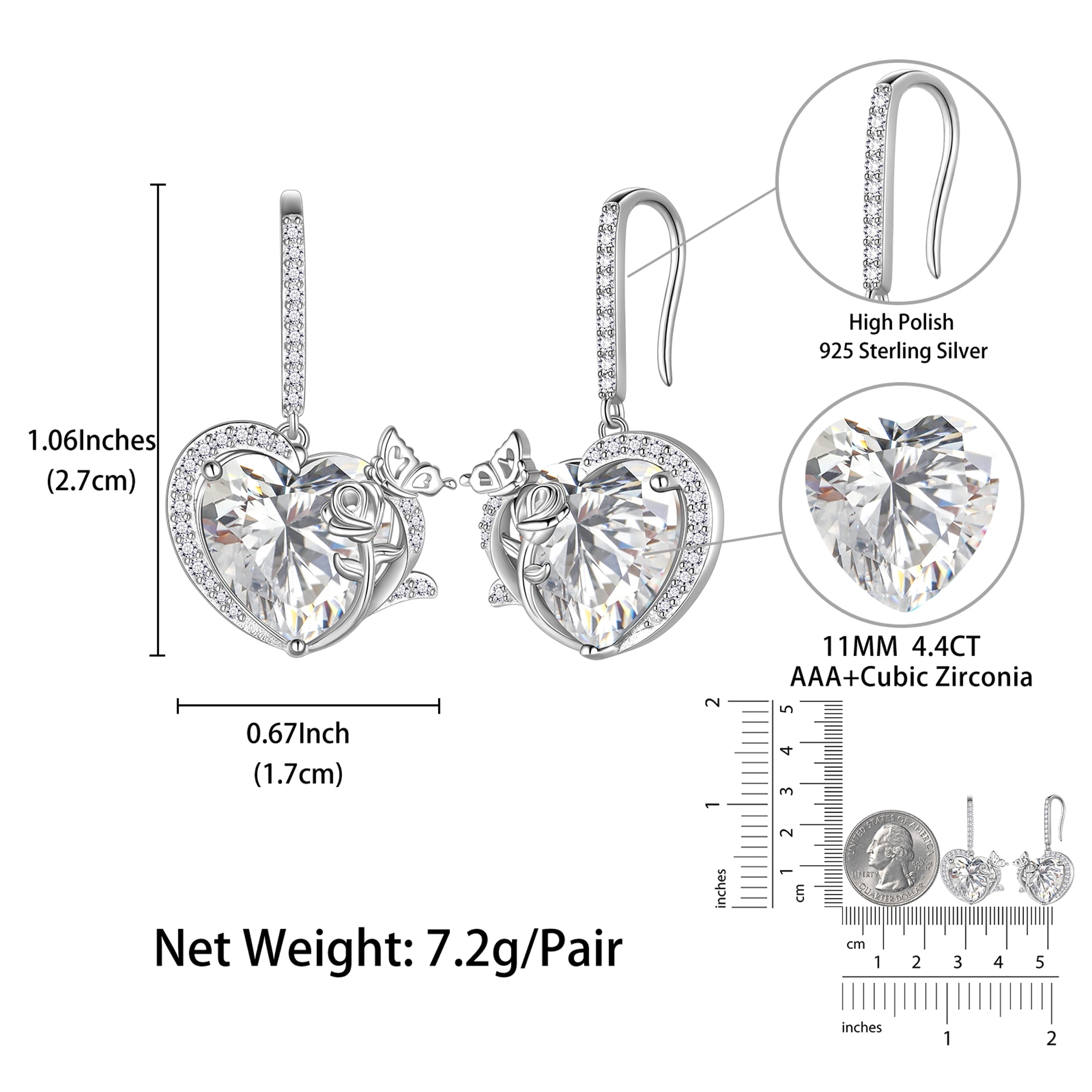 Juwaliy Women Drop Earrings April Birthstone Heart Diamond CZ Wedding Bridal Jewelry Butterfly Rose Flower 925 Sterling Silver Hook Mother Birthday Gift for Her