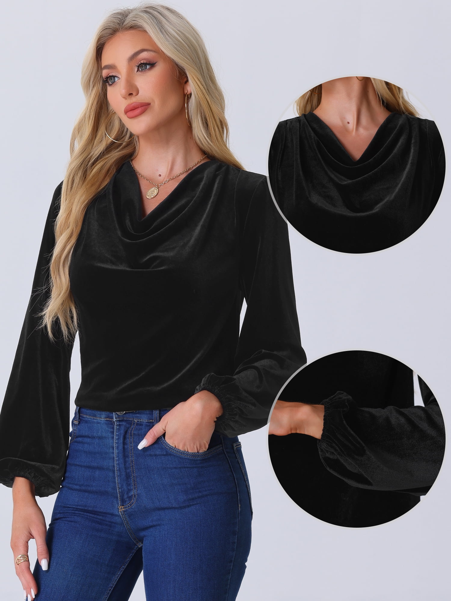 DARING DIVA Women's Vintage Velvet Cowl Neck Lantern Sleeve Blouses S Black