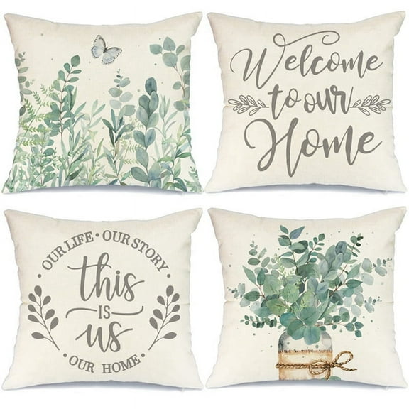 Spring Pillow Covers 18X18 Set Of 4 Farmhouse Throw Spring Eucalyptus Leaves Home Decor for Couch