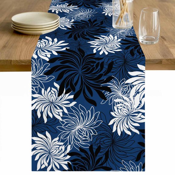 Blue Black Flowers Table Runner - 108 Inch Long Modern Abstract Blooms Floral Cotton and Linen Blended Dress Scarves Farmhouse Table Runner for Kitchen Dining, Coffee Table, 13" x 108"