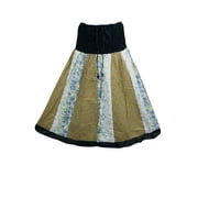 Mogul Womens Long Skirt Floral Print Smocked Waist Boho Retro Skirts