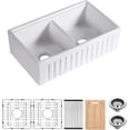 thumbnail image 5 of 33 inch White Fireclay Farmhouse Sink, Double Bowl Workstation Apron Front Farm Kitchen Sink, Reversible Ceramic Porcelain Farmhouse Kitchen Sink with Ledge and Accessories, 5 of 7