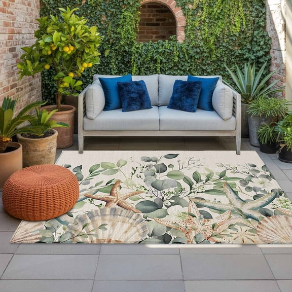 Outdoor Rug 3x5ft Sage Green Eucalyptus Leaves Large Area Rug Starfish Retro Indoor Outdoor Carpet Outdoor Rugs Mats for Patio Camping,RV,Front Door, Outside Decor