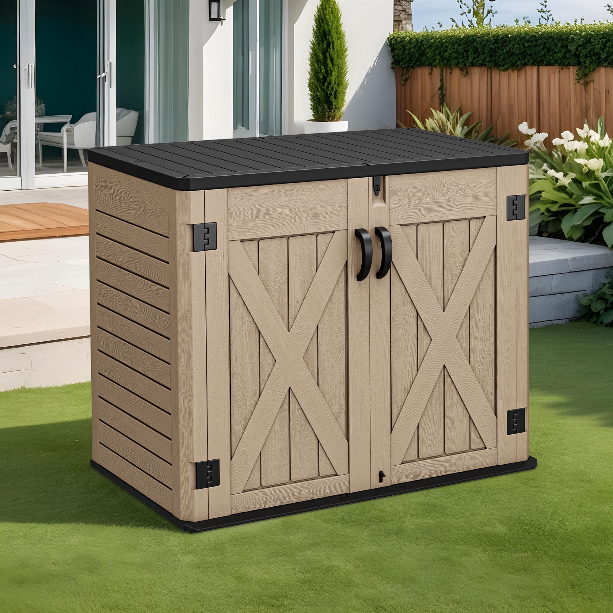 Uforic Outdoor Horizontal Storage Shed with X-Shaped Lockable Door, 35 Cu Ft Weather Resistant Resin Tool Shed, Brown
