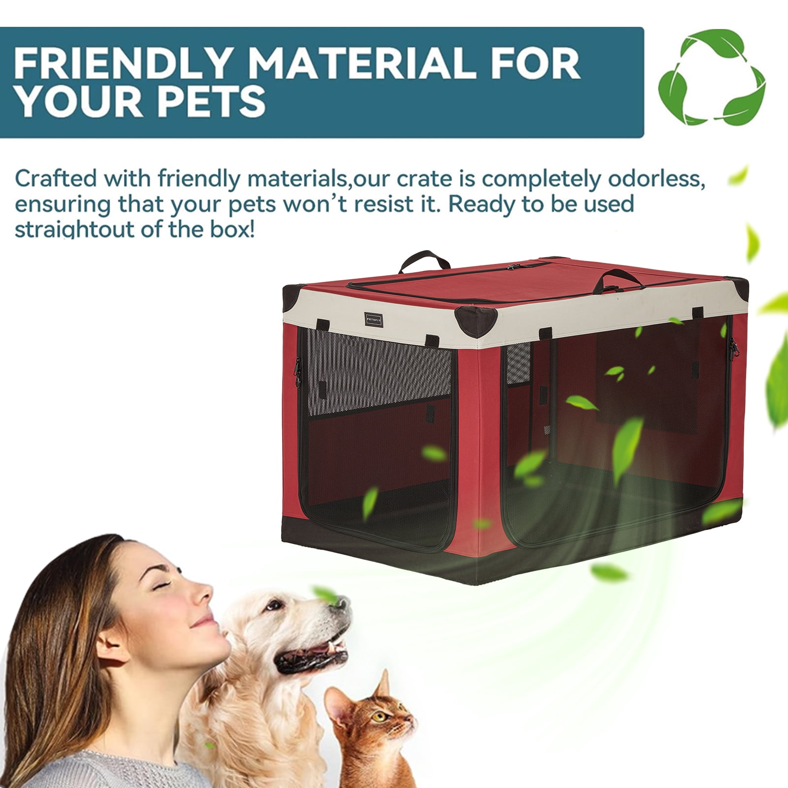 Petsfit 36 Inch Dog Crate, Adjustable Fabric Cover by Spiral Iron Pipe, Chew Proof 3 Door Design, Soft Collapsible Dog Kennel,Red