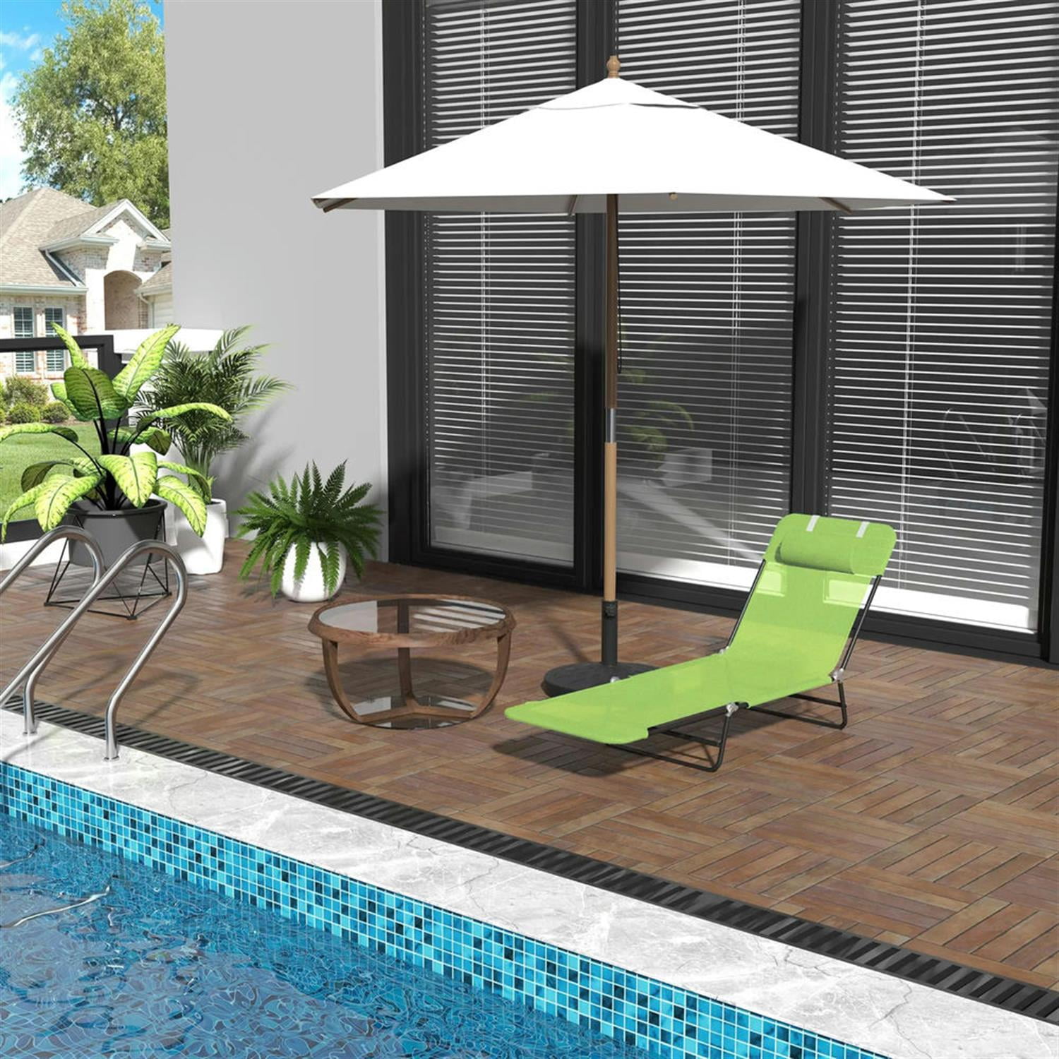Demi Bonn Outdoor Folding Chaise Lounge with Reclining Back, Mesh Seat, Headrest for Pool, Beach, Yard, Patio, Sun Tanning, Green