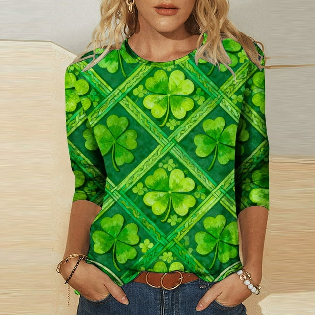 Mceream St Patricks Day Chemise pour Femmes Manches 3/4 Amusantes Hauts Mignons Décontractés Col Rond T-Shirts Graphiques Trèfle Imprimé Floral 2026 Blouses Grande Taille Vert P
