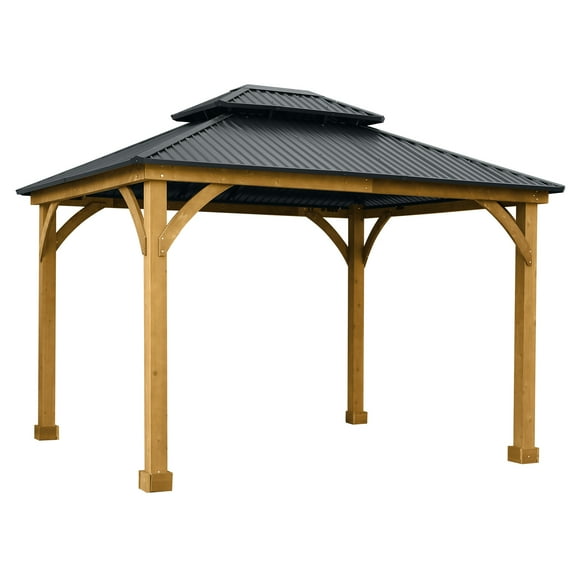 Aoodor 12 x 10 ft. Outdoor Solid Wooden Frame Gazebo with 2-Tier Hardtop Roof,  for Patio Backyard Deck and Lawns - Black Canopy