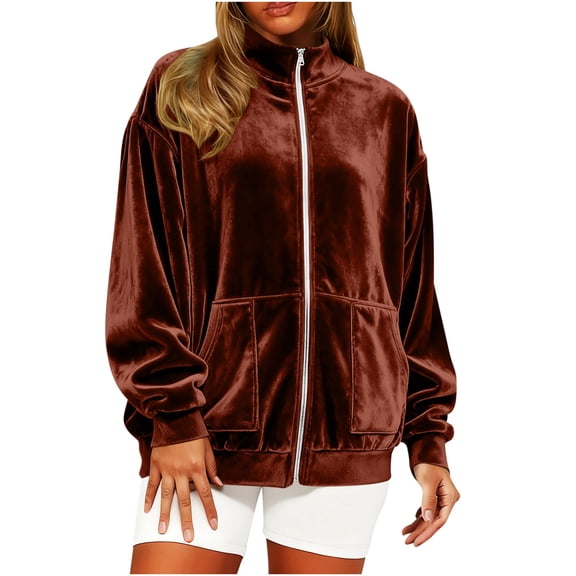 QSAWXQZ Women's Velvet Coat Long Sleeve Stand Collar Solid Zip Up Cardigan Jackets with Pockets Red XL