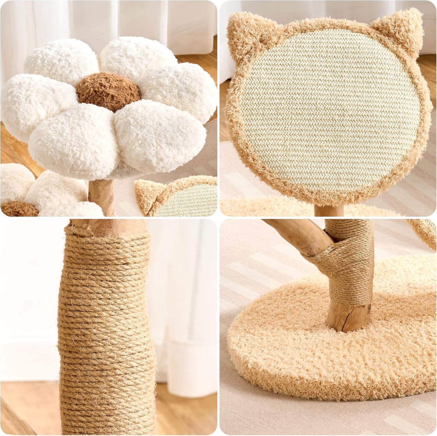 Modern Natural Solid Wood Cat Tree Tower for Indoor Cats Large Adult, 30 inch Flower Cat Tree with Scratching Post, Luxury Aesthetic Cat Tree with Cloud-Soft Flower Perches and Sisal Scratching Pad