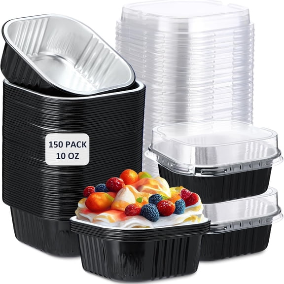 150 Pieces 10 oz Mini Cake Pans with Lids Aluminum Foil Baking Cups Square Disposable 4" x 4" Large Cupcake Cups Baking Tins for Kitchen Brownie Pudding Desserts Holders(Black)