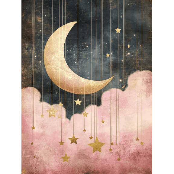 Gold Moon and Stars Canvas Print/Wall Art, Suitable for Bedroom Decor, Living Room Decor, Nursery Decor, Bathroom Decor, and Office Decor.