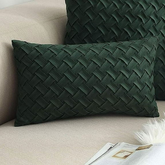 Nvzi Basket Weave Pattern Decorative Throw Pillow Cover Super Soft Suede Solid Lumbar Accent Cushion Case for Couch Sofa Car (Dark Green,12"x20")