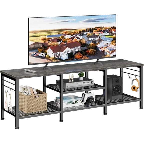 Furologee TV Stand for TVs up to 65 Inch, Entertainment Center with Open Storage Shelves, 55 Inch Television Stands with Soundbar Shelf for Living Room, Bedroom, Black Oak