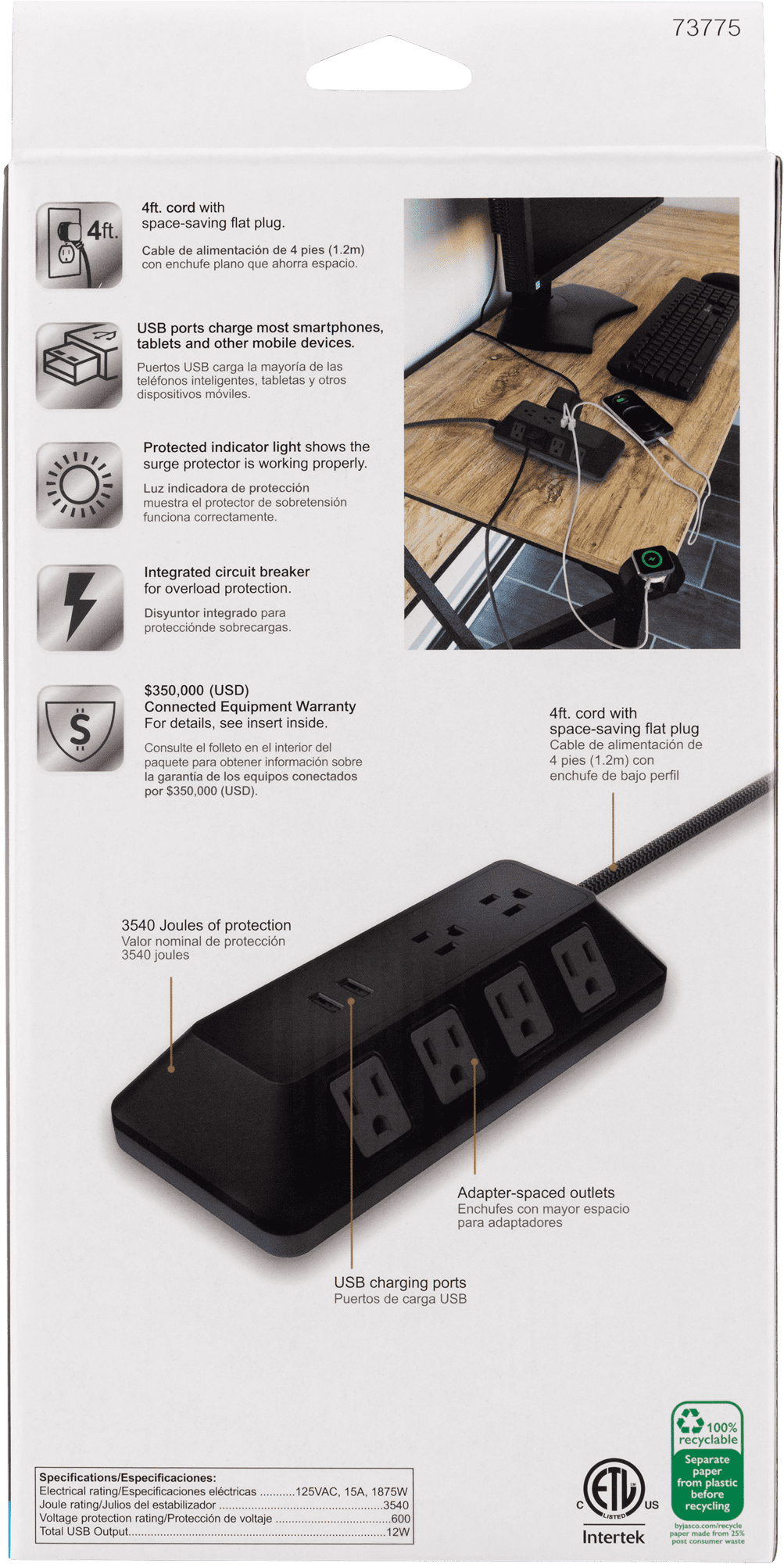 GE Adapt 10-Outlet Surge Protector Power Strip, USB Hub, 4ft Braided Cord, Black