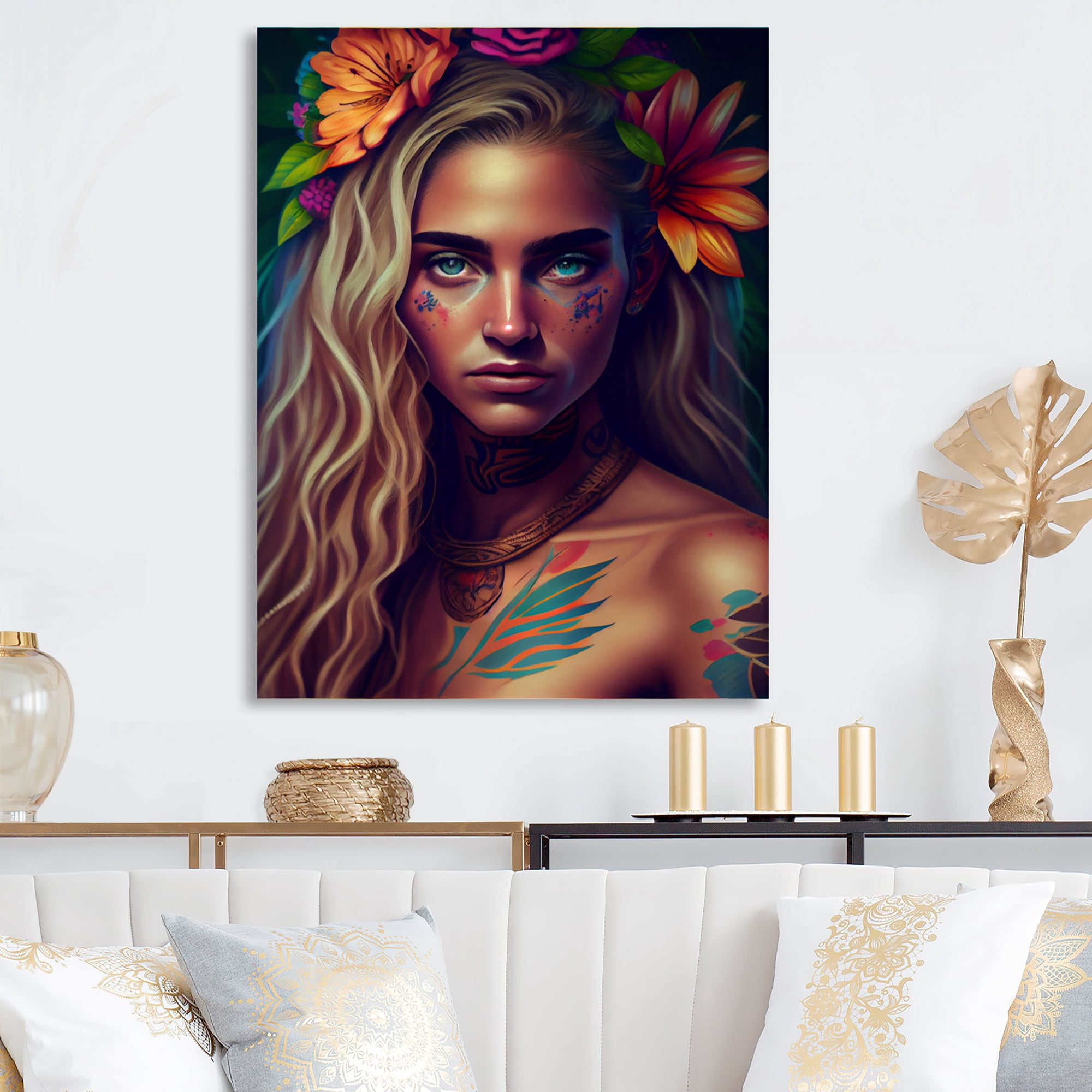 Designart Colorful Tropical Woman Portrait IV Canvas Wall Art