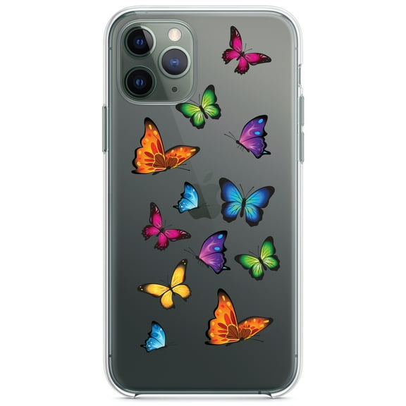DistinctInk Clear Shockproof Hybrid Case for iPhone 12 Pro MAX (6.7" Screen) - TPU Bumper Acrylic Back Tempered Glass Screen Protector - Rainbow Butterflies Butterfly