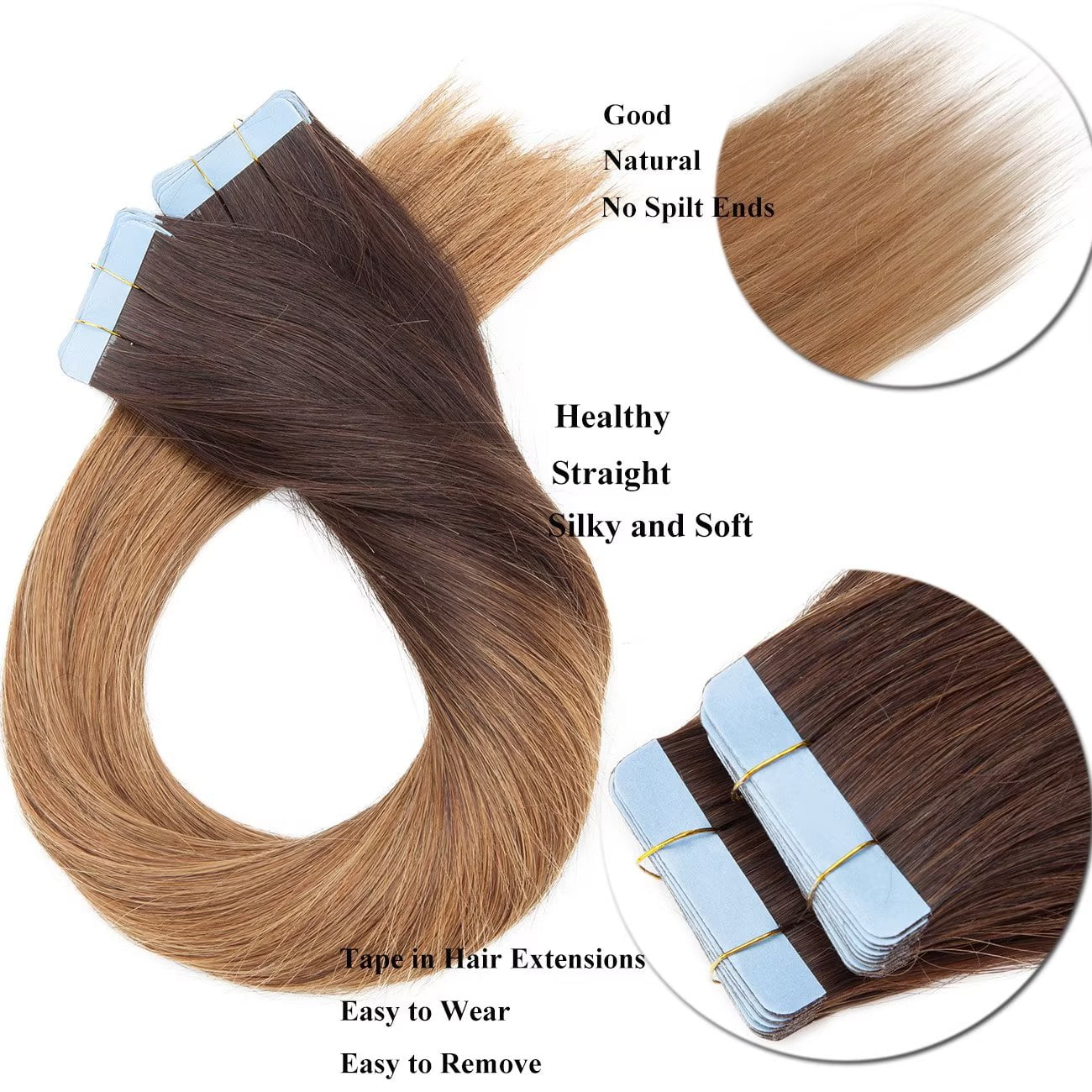 SEGO 20pcs Human Hair Extensions Tape in Balayage Chocolate Brown Natural  Hair Extensions Tape in Real Hair Straight 12-24 inch