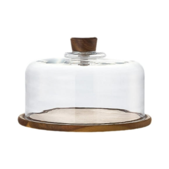 Soporte para tartas con cúpula simple redonda de madera Servidor de vidrio transparente Dom Dôme con madera 23.5x16cm