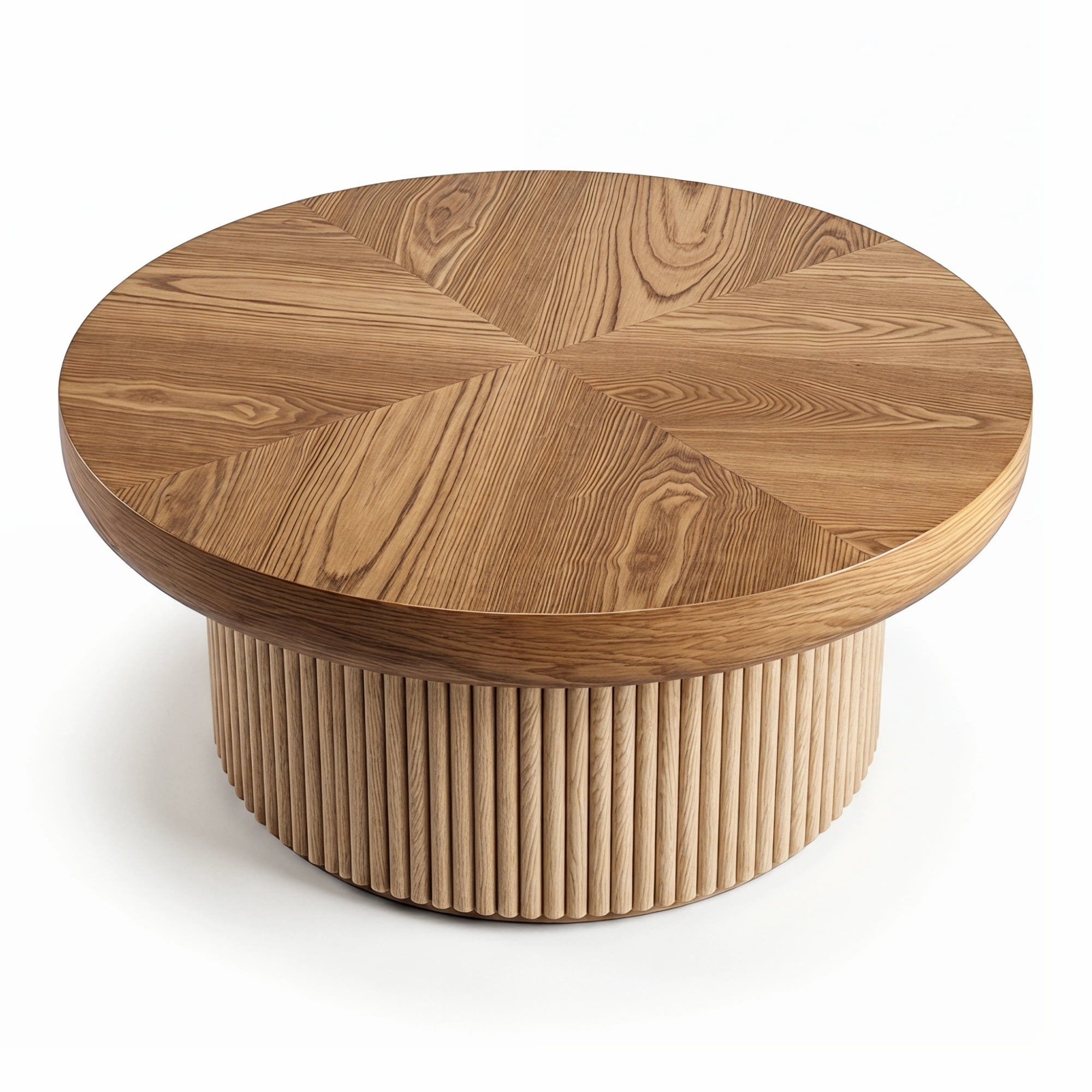 33.46'' Round Coffee Table with Fluted Cylindrical Base, Ash Wood End Table with Thickened Tabletop, Modern Cocktail Table
