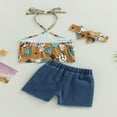 thumbnail image 3 of Western Baby Girls Letter Cow Print Halter Crop Tops Ripped Denim Jeans Shorts, 3 of 6