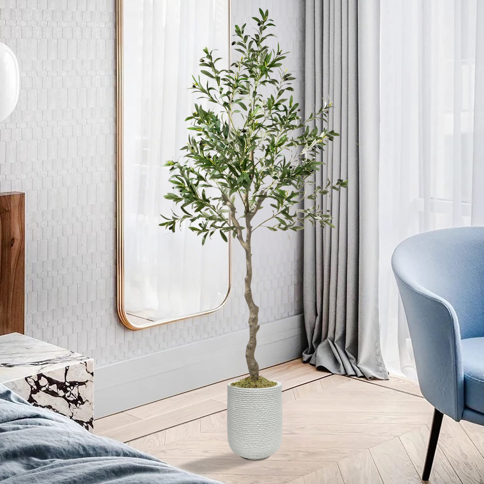OLIVIVI Artificial Olive Tree 7FT Tall Faux Silk Plant for Home Office Decor Indoor Outdoor Fake Lifelike Potted Tree with Wood Branches and 1 pack