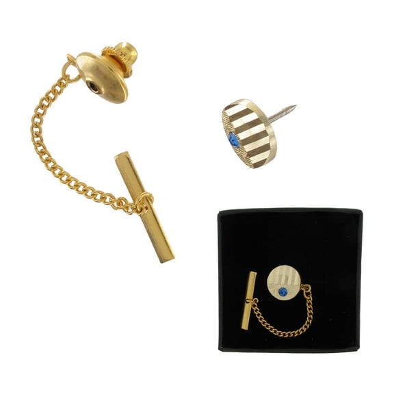 Two Tone Gold And Silver Tone Striped Blue Rhinestone Tie Tack Pin Gift Mens Adult Male