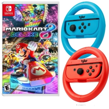 Mario Kart 8 Deluxe for Nintendo Switch Consoles with Tyler Red and Blue Joy-Con Steering Wheels Bundle Set