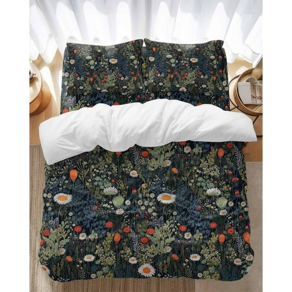 Vintage Flowers Bedding Duvet Cover Set King Size 4 Pieces Floral Botanical Leaves Soft Twill Plush Quilt Cover, Include 1 Duvet Cover 1 Flat Sheet And 2 Pillow